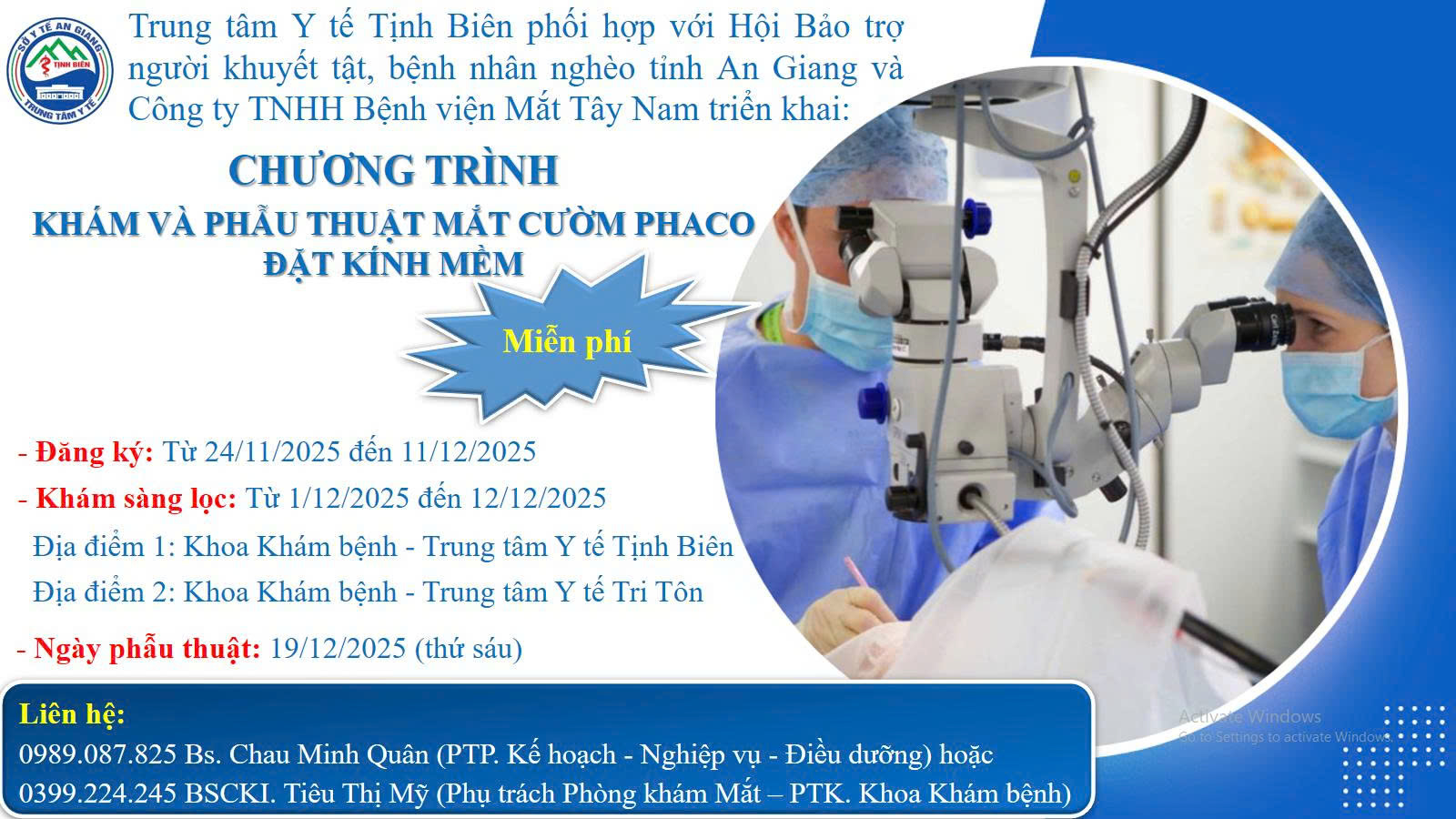 Thông báo: Về việc Khám và phẫu thuật mắt cườm phaco, đặt kính mềm và Phẫu thuật Mộng Thịt Đơn Thuần miễn phí năm 2025